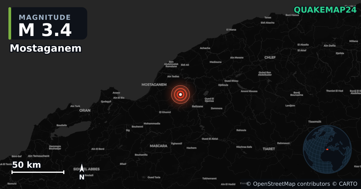 M3.4 earthquake near Mostaganem on Jul 22, 2025 — map of epicenter and shaking intensity | QuakeMap24
