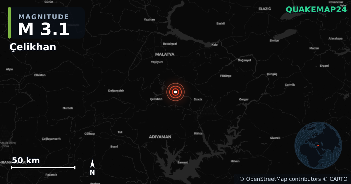 Terremoto de M3,1 cerca de Çelikhan, Adıyaman (Turquía) · 2026-10-07 — Mapa de la ubicación del epicentro