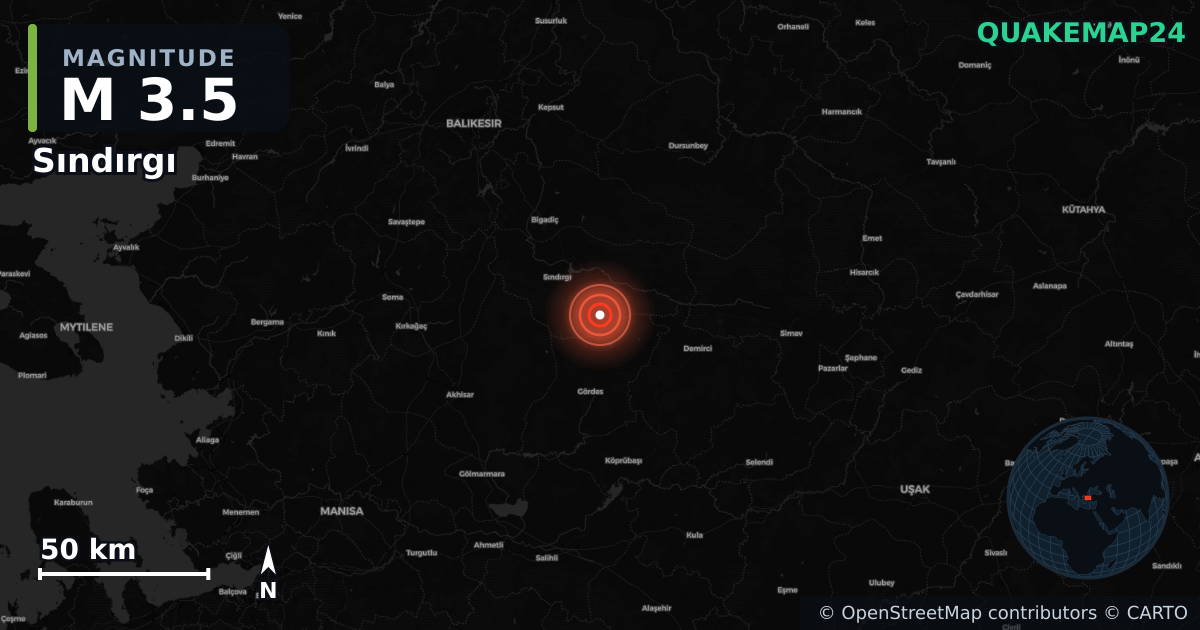 M3.5 earthquake near Sındırgı on Jan 26, 2026 — map of epicenter and shaking intensity | QuakeMap24