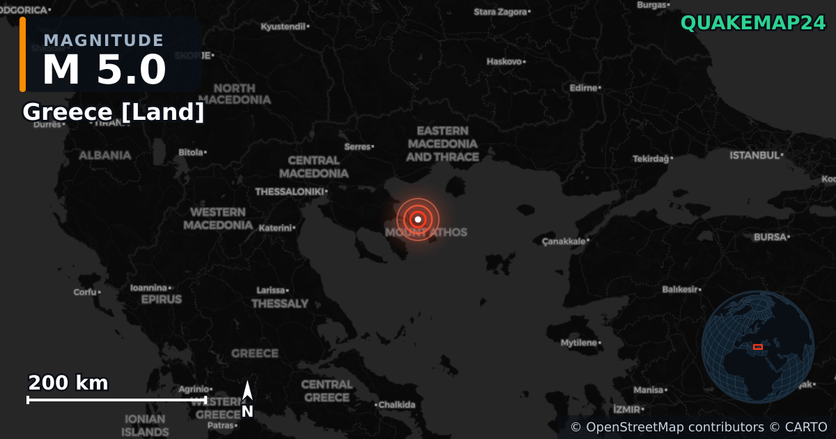 M5.0 earthquake near Greece [Land] on Mar 25, 2026 — map of epicenter and shaking intensity | QuakeMap24