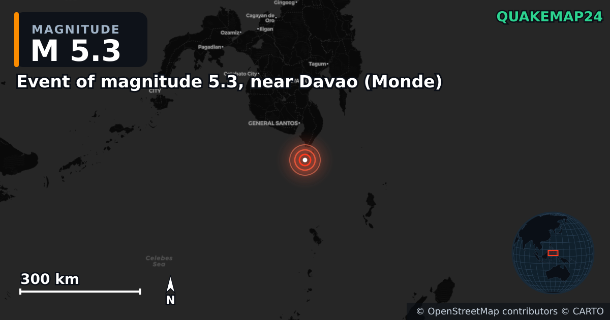 M5.3 earthquake near Event of magnitude 5.3, near Davao (Monde) on Jun 8, 2026 — map of epicenter and shaking intensity | QuakeMap24