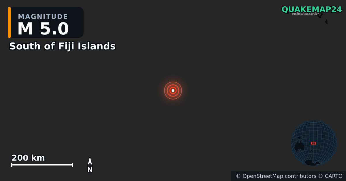 M5.0 earthquake near South of Fiji Islands on Feb 17, 2026 — map of epicenter and shaking intensity | QuakeMap24