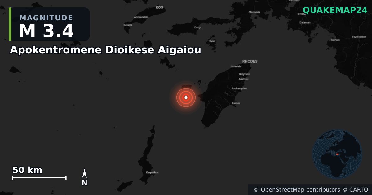 M3.4 earthquake near Apokentromene Dioikese Aigaiou on Jun 19, 2025 — map of epicenter and shaking intensity | QuakeMap24