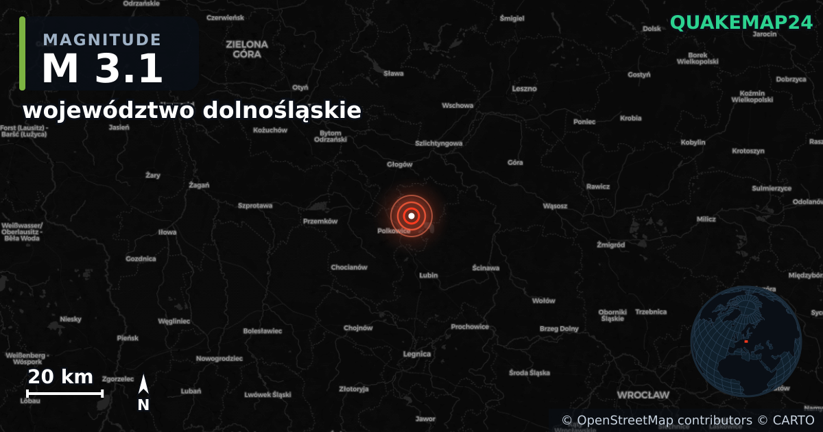 M3.1 earthquake near województwo dolnośląskie on Dec 29, 2025 — map of epicenter and shaking intensity | QuakeMap24