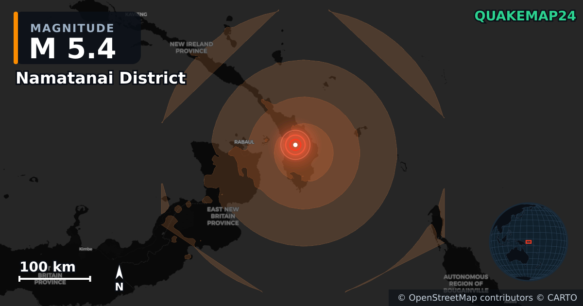 M5.4 earthquake near Namatanai District on Jun 25, 2026 — map of epicenter and shaking intensity | QuakeMap24