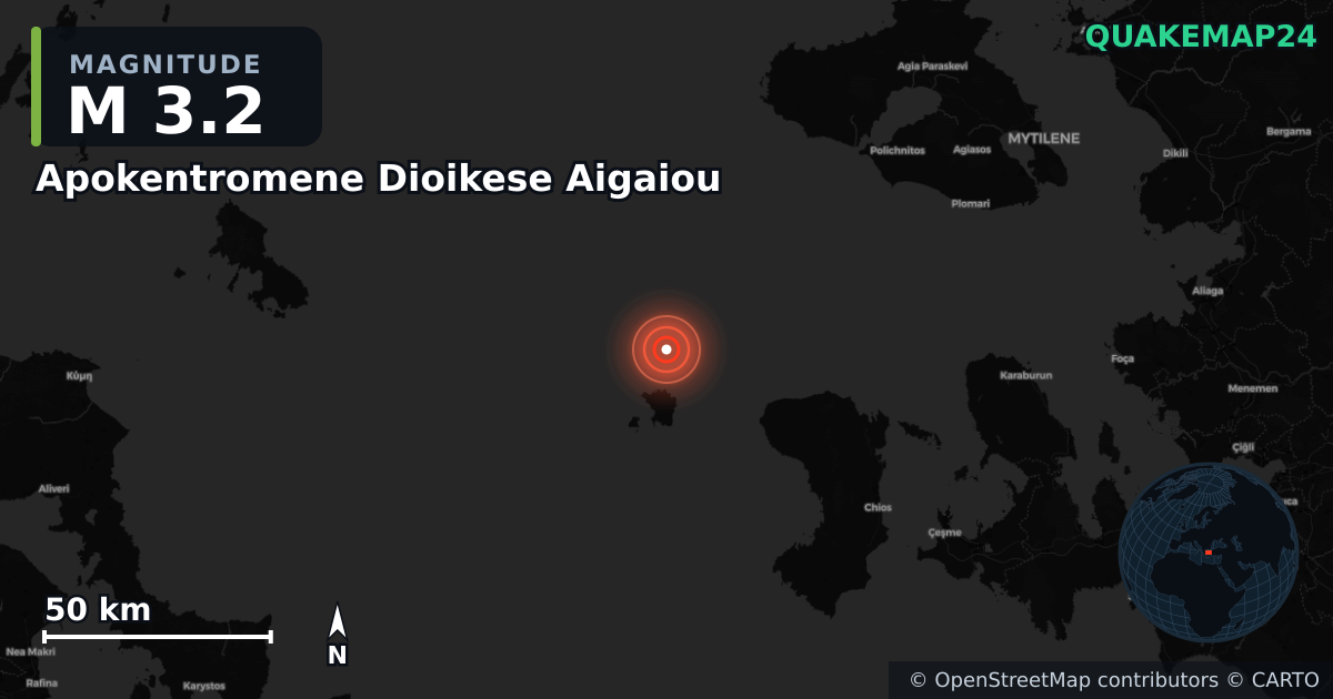 M3.2 earthquake near Apokentromene Dioikese Aigaiou on Sep 22, 2025 — map of epicenter and shaking intensity | QuakeMap24