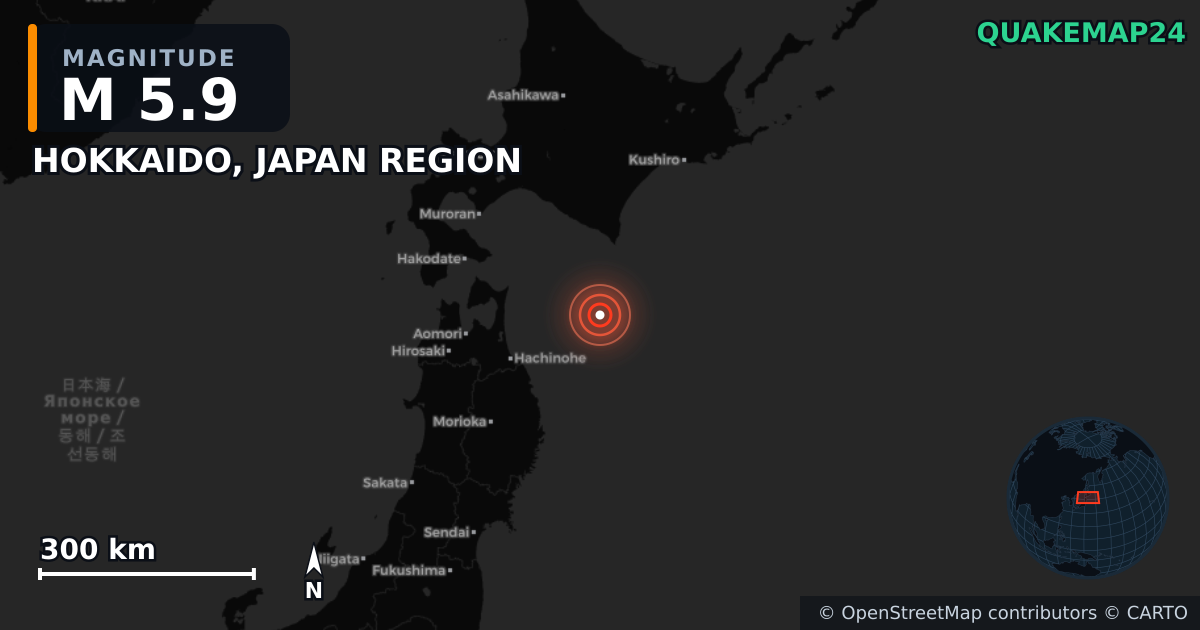 M5.9 earthquake near HOKKAIDO, JAPAN REGION on Dec 8, 2025 — map of epicenter and shaking intensity | QuakeMap24