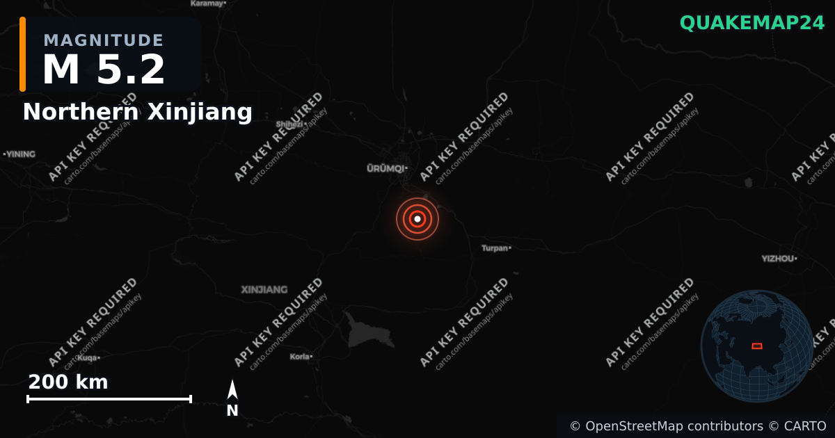 M5.2 earthquake near Northern Xinjiang on Apr 2, 2026 — map of epicenter and shaking intensity | QuakeMap24