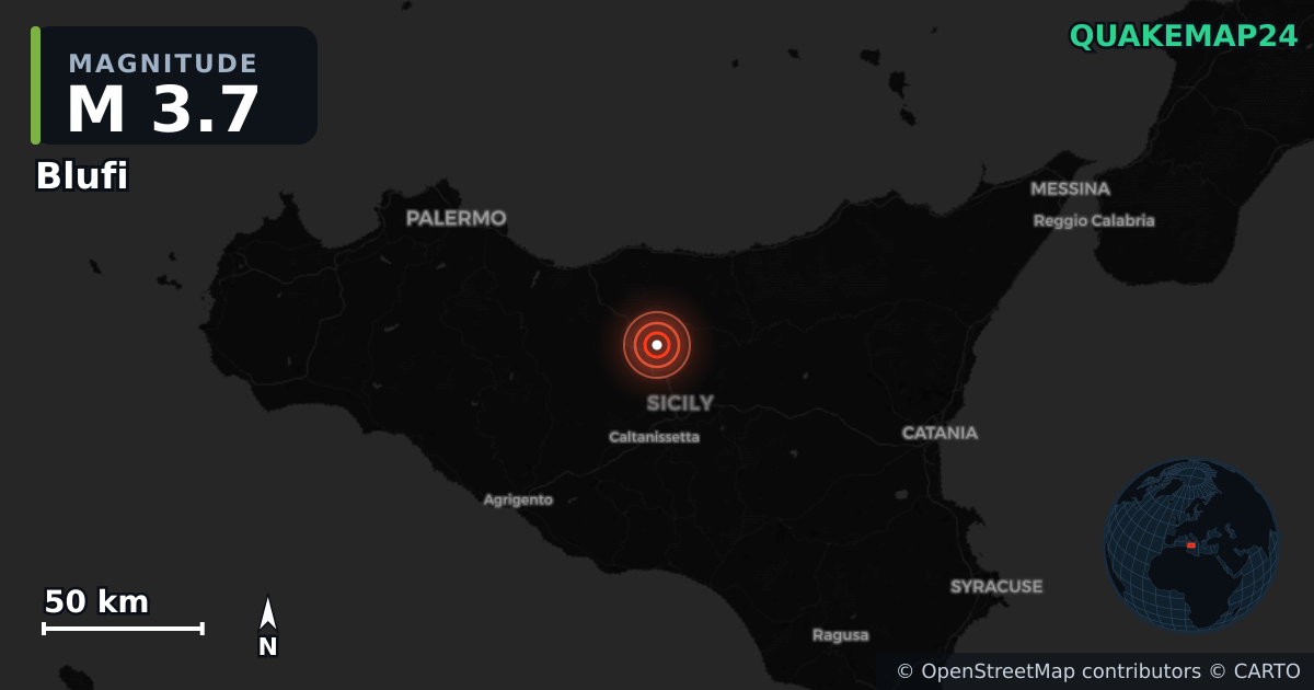 M3.7 earthquake near Blufi on Jan 29, 2026 — map of epicenter and shaking intensity | QuakeMap24