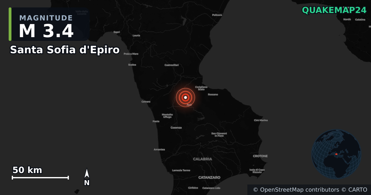 M3.4 earthquake near Santa Sofia d'Epiro on Aug 4, 2026 — map of epicenter and shaking intensity | QuakeMap24