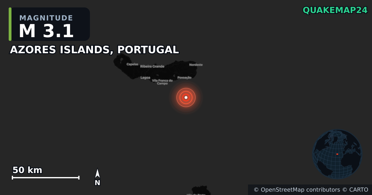 M3.1 earthquake near AZORES ISLANDS, PORTUGAL on Jun 9, 2025 — map of epicenter and shaking intensity | QuakeMap24