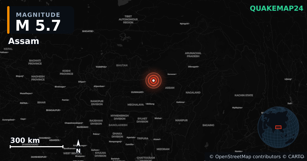 M5.7 earthquake near Assam on Sep 14, 2025 — map of epicenter and shaking intensity | QuakeMap24