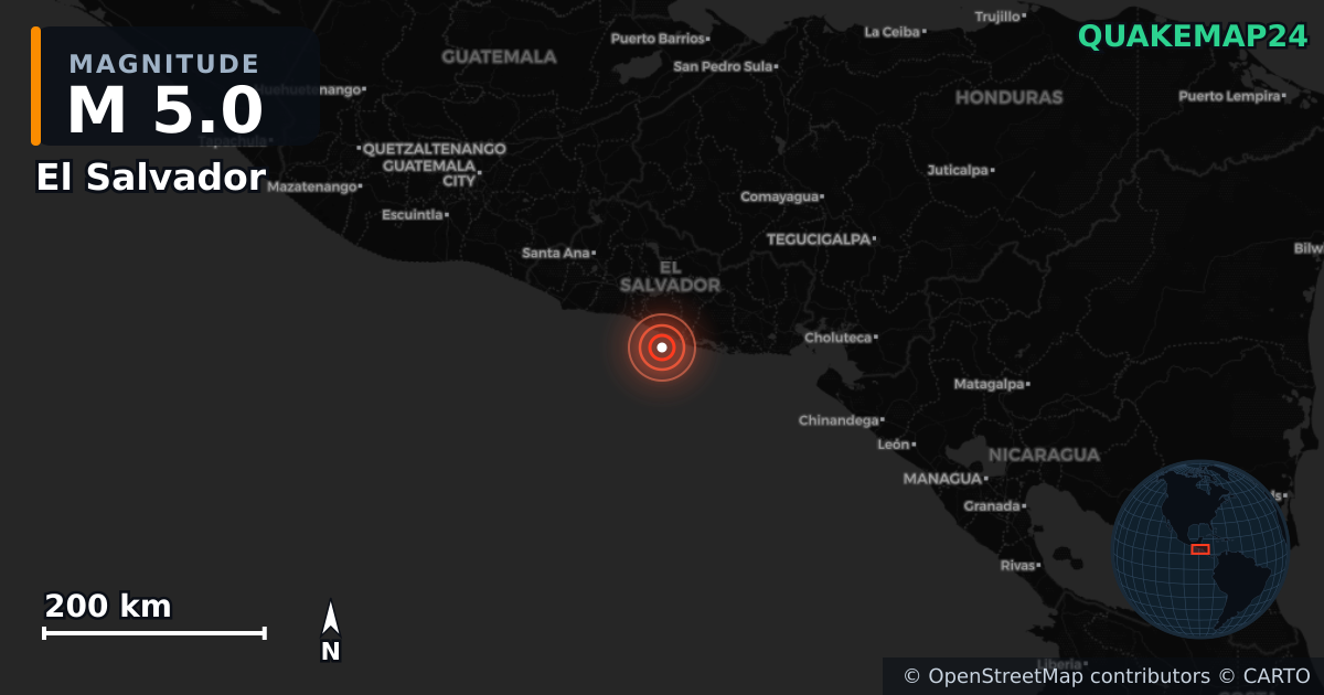 Erdbeben M5,0 bei El Salvador — Karte der Lage des Epizentrums