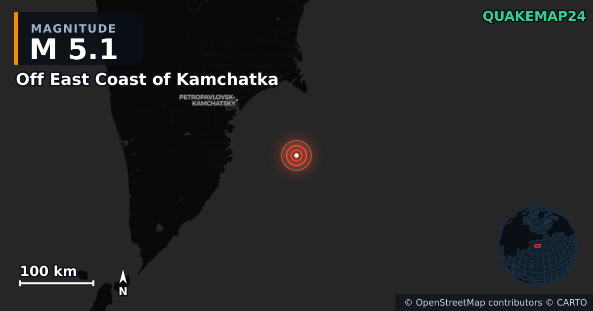 M5.1 earthquake near Off East Coast of Kamchatka on Oct 6, 2025 — map of epicenter and shaking intensity | QuakeMap24