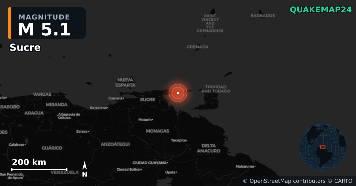 M5.1 earthquake near Sucre on May 12, 2025 — map of epicenter and shaking intensity | QuakeMap24