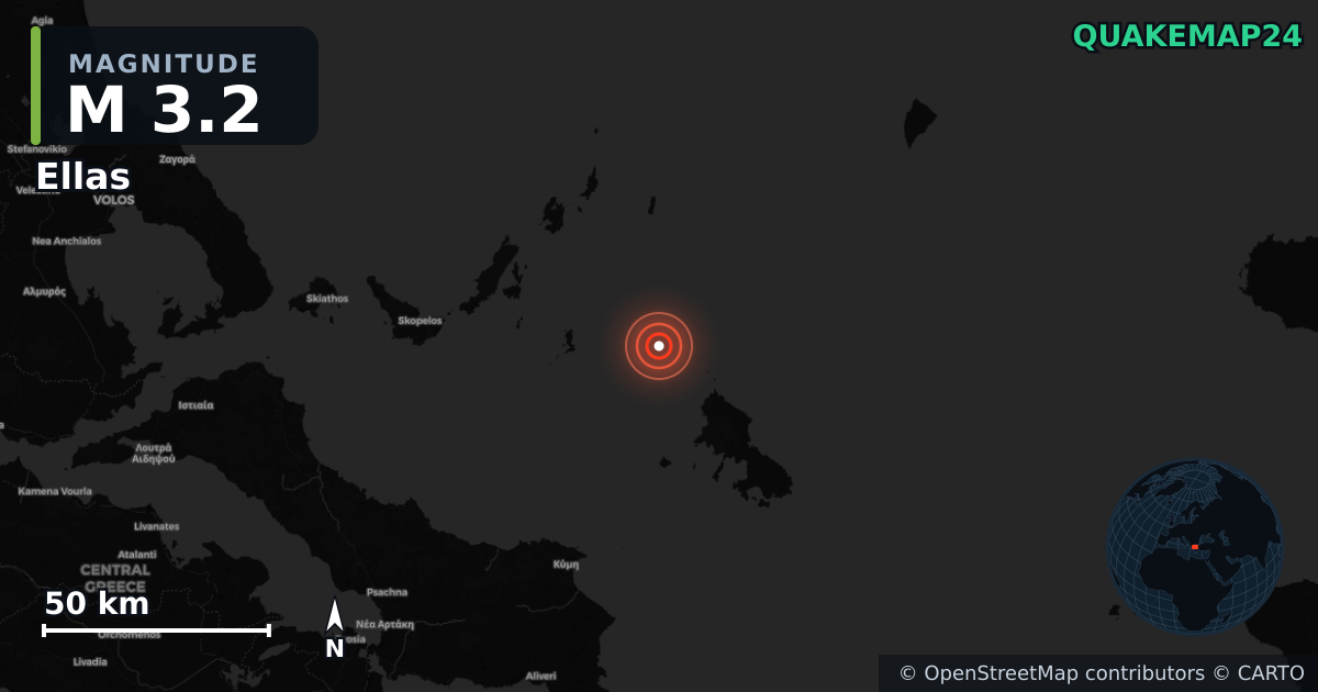M3.2 earthquake near Ellas on Nov 18, 2025 — map of epicenter and shaking intensity | QuakeMap24