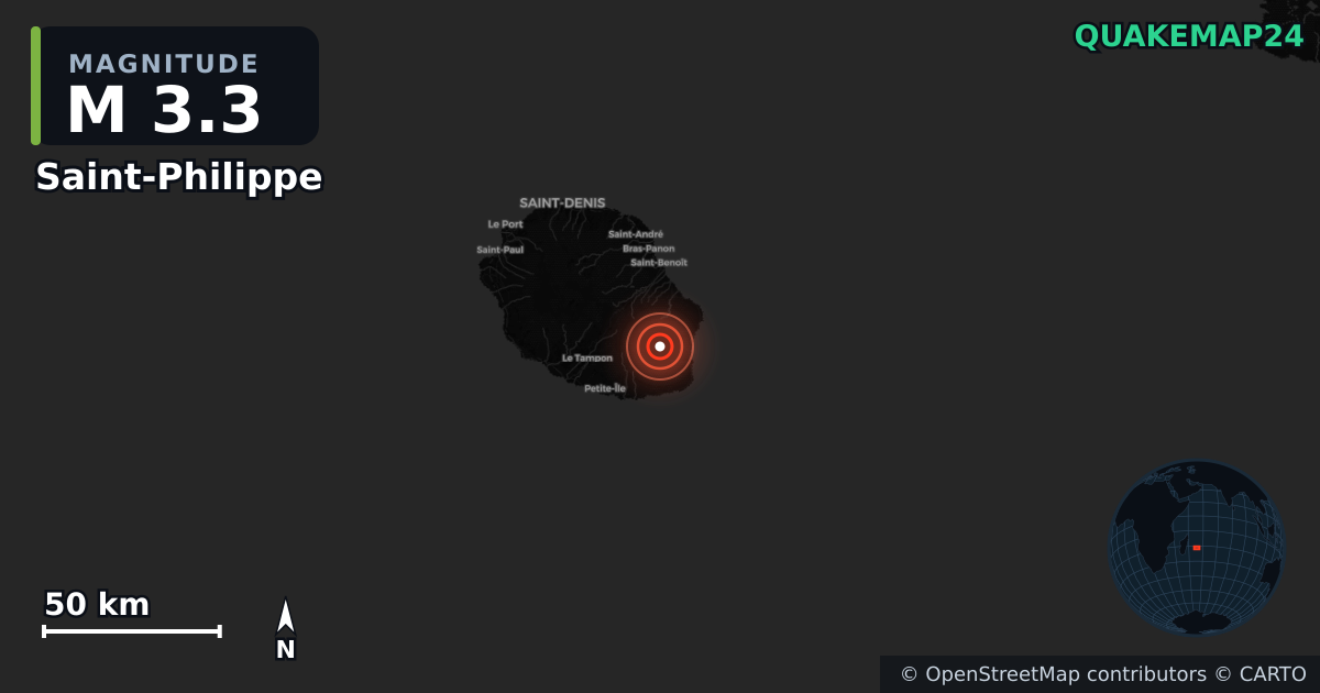 M3.3 earthquake near Saint-Philippe on Jan 18, 2026 — map of epicenter and shaking intensity | QuakeMap24