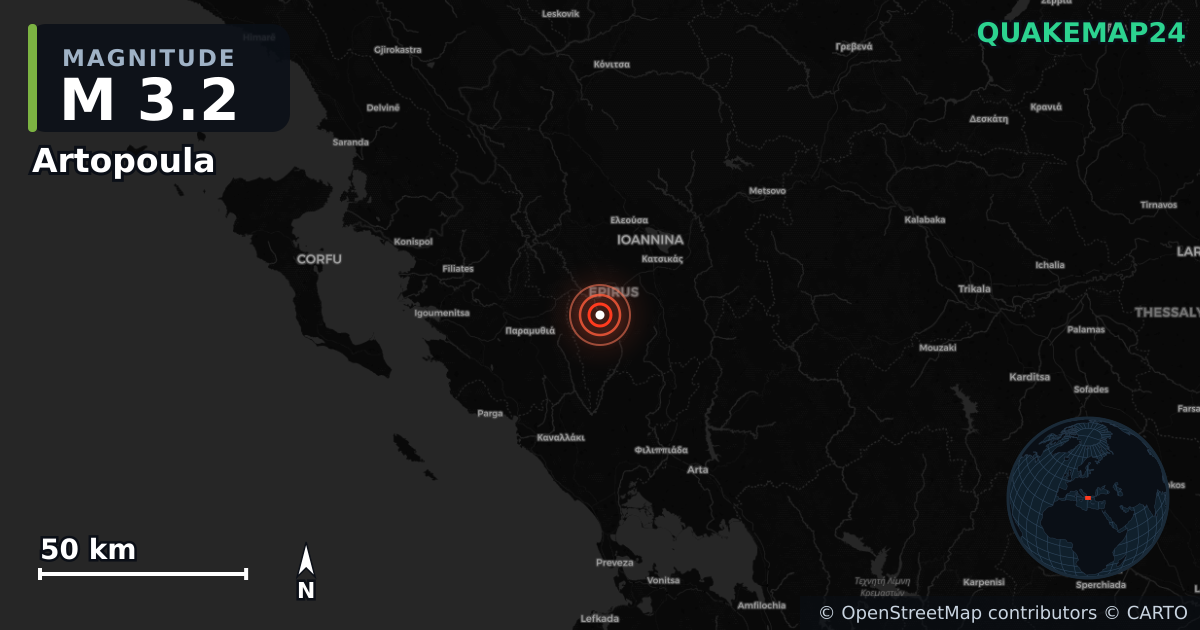 M3.2 earthquake near Artopoula on Mar 23, 2026 — map of epicenter and shaking intensity | QuakeMap24
