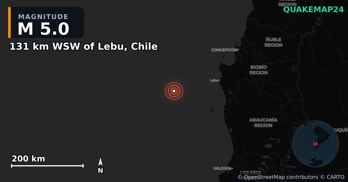 Erdbeben M5,0 bei 131 km WSW of Lebu, Chile — Karte der Lage des Epizentrums