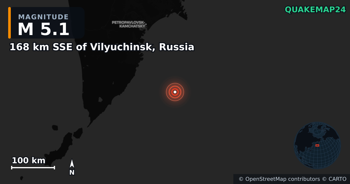 M5.1 earthquake near 168 km SSE of Vilyuchinsk, Russia on Oct 3, 2025 — map of epicenter and shaking intensity | QuakeMap24