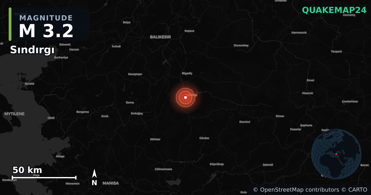 M3.2 earthquake near Sındırgı on Aug 19, 2025 — map of epicenter and shaking intensity | QuakeMap24