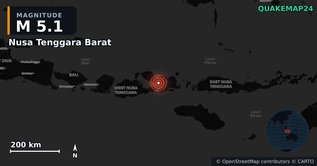 M5.1 earthquake near Nusa Tenggara Barat on Jul 6, 2025 — map of epicenter and shaking intensity | QuakeMap24