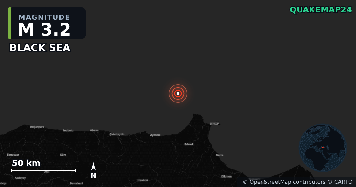 M3.2 earthquake near BLACK SEA on Nov 12, 2025 — map of epicenter and shaking intensity | QuakeMap24
