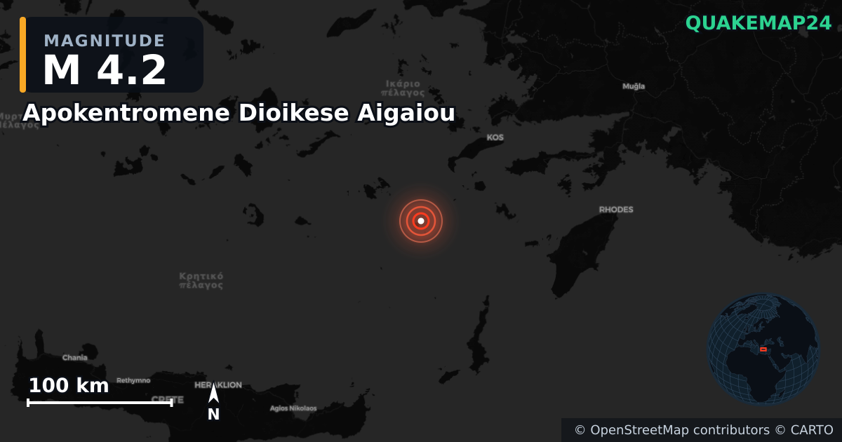 M4.2 earthquake near Apokentromene Dioikese Aigaiou on Jun 7, 2025 — map of epicenter and shaking intensity | QuakeMap24