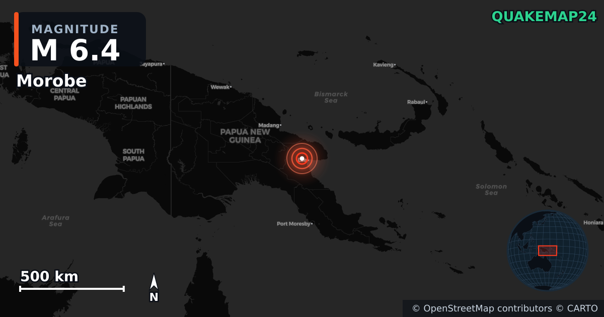 M6.4 earthquake near Morobe on Oct 7, 2025 — map of epicenter and shaking intensity | QuakeMap24