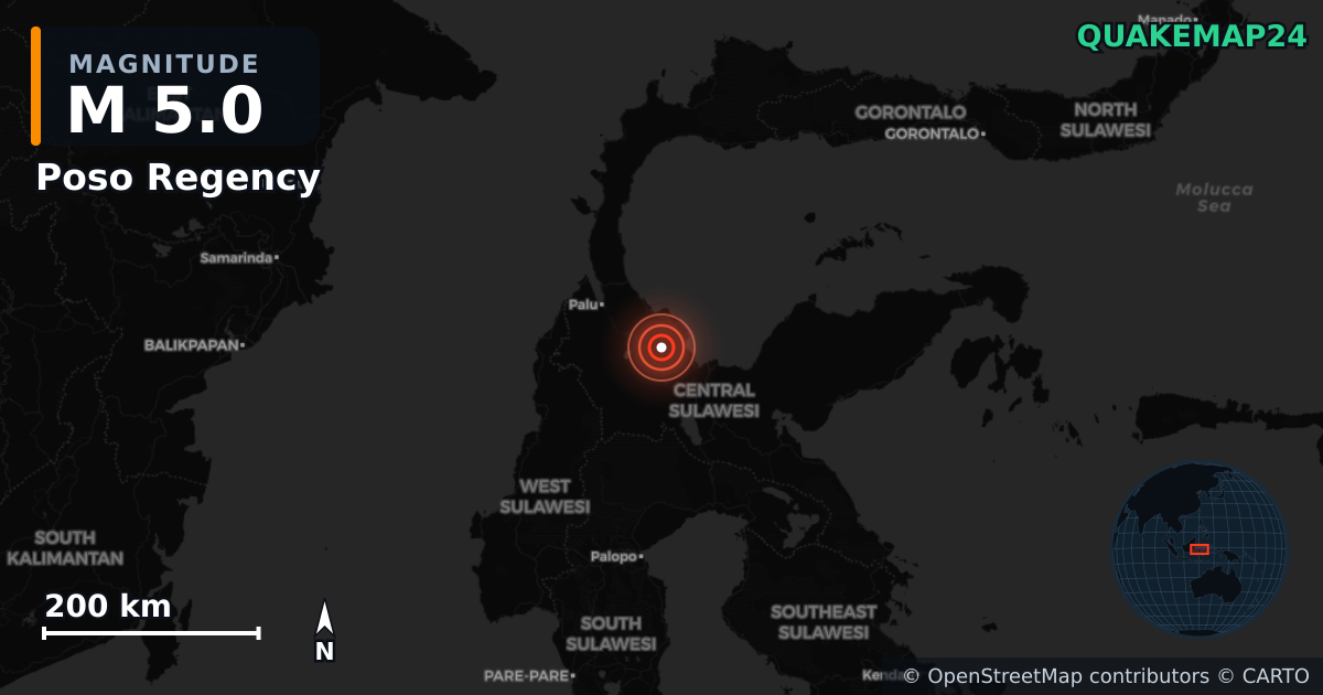 M5.0 earthquake near Poso Regency on Jun 16, 2026 — map of epicenter and shaking intensity | QuakeMap24