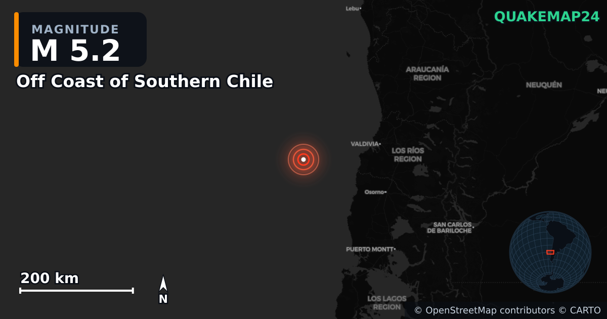 Off Coast of Southern Chile yakınında M5,2 deprem — Deprem merkez üssünün konumunu gösteren harita