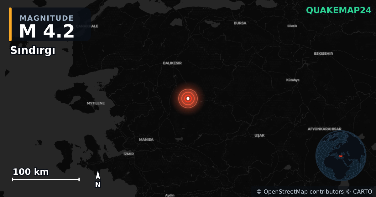 M4.2 earthquake near Sındırgı on Oct 30, 2025 — map of epicenter and shaking intensity | QuakeMap24