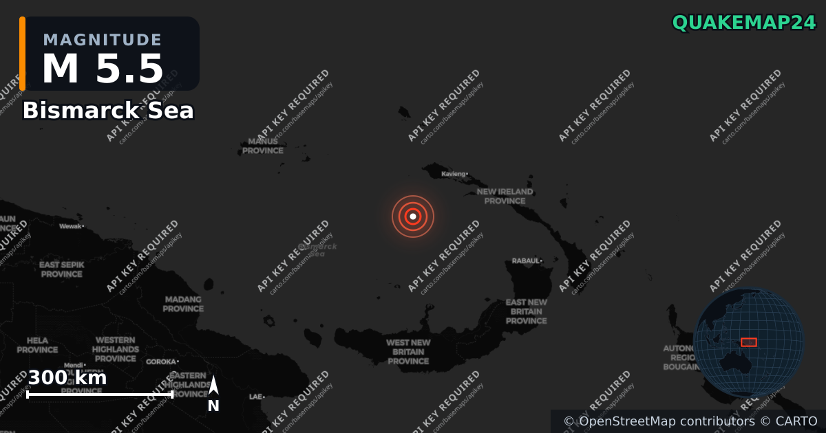 M5.5 earthquake near Bismarck Sea on Mar 12, 2026 — map of epicenter and shaking intensity | QuakeMap24