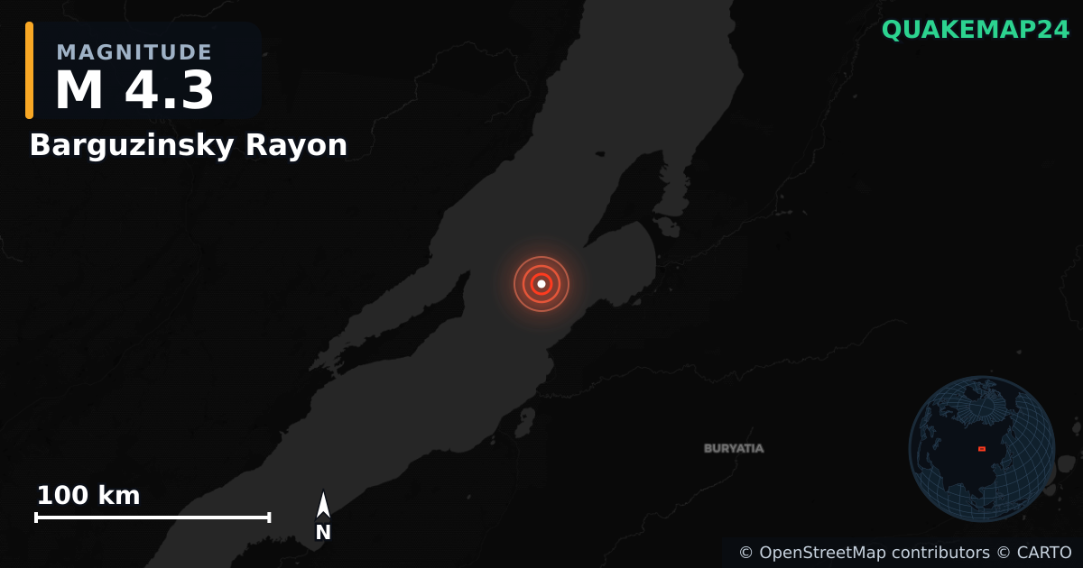 M4.3 earthquake near Barguzinsky Rayon on Jun 22, 2026 — map of epicenter and shaking intensity | QuakeMap24
