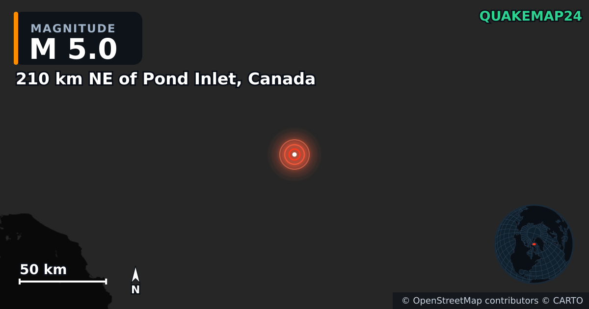 210 km NE of Pond Inlet, Canada yakınında M5,0 deprem — Deprem merkez üssünün konumunu gösteren harita
