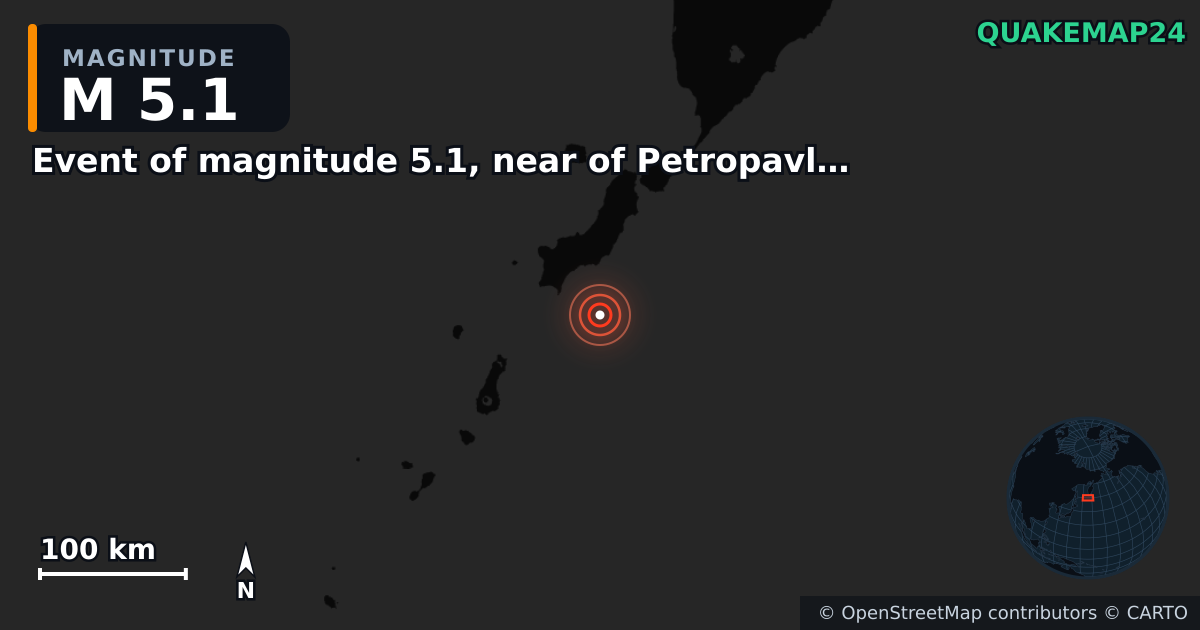 M5.1 earthquake near Event of magnitude 5.1, near of Petropavlovsk Kamchatskiy (Monde) on Apr 12, 2026 — map of epicenter and shaking intensity | QuakeMap24
