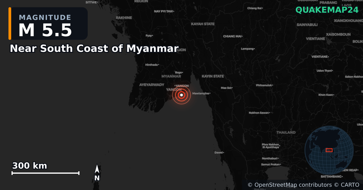 M5.5 earthquake near Near South Coast of Myanmar on May 18, 2026 — map of epicenter and shaking intensity | QuakeMap24