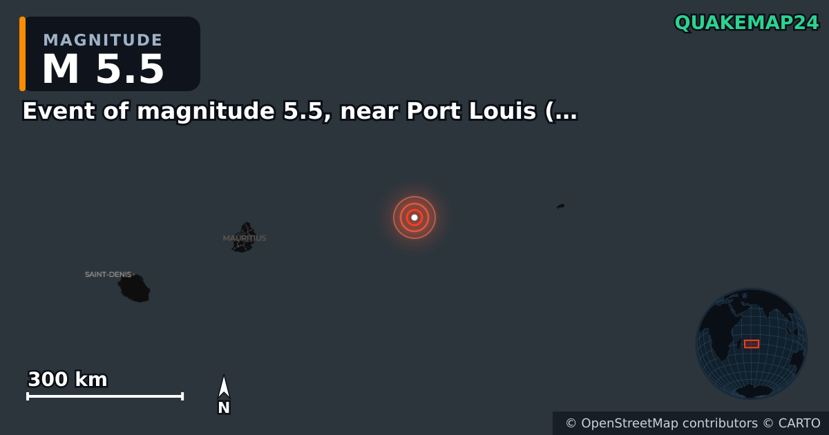 M5.5 Earthquake near Event of magnitude 5.5, near Port Louis (Monde) · 2026-10-16 — Map showing the location of the epicenter