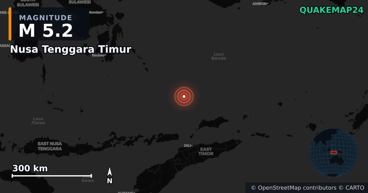 M5.2 earthquake near Nusa Tenggara Timur on Aug 12, 2025 — map of epicenter and shaking intensity | QuakeMap24