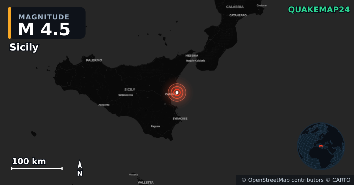 M4.5 earthquake near Sicily on Mar 4, 2026 — map of epicenter and shaking intensity | QuakeMap24