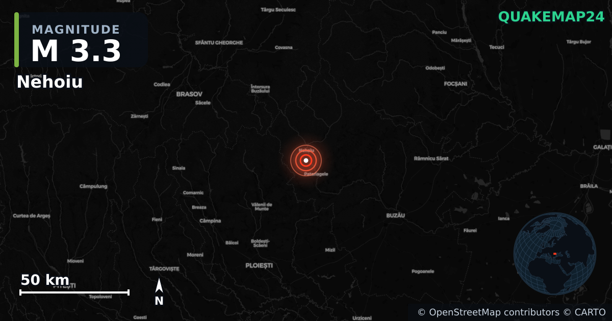 M3.3 earthquake near Nehoiu on Aug 6, 2026 — map of epicenter and shaking intensity | QuakeMap24