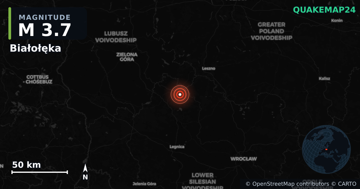 M3.7 earthquake near Białołęka on Oct 21, 2025 — map of epicenter and shaking intensity | QuakeMap24