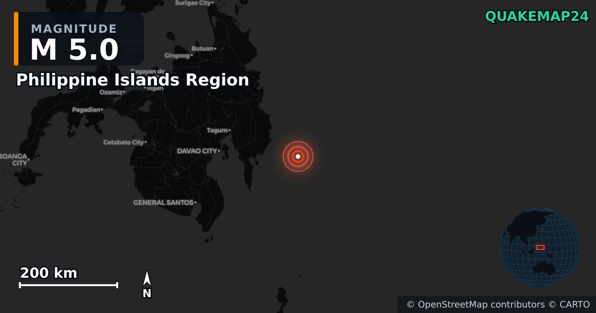 Sismo de M5,0 perto de Philippine Islands Region — Mapa da localização do epicentro