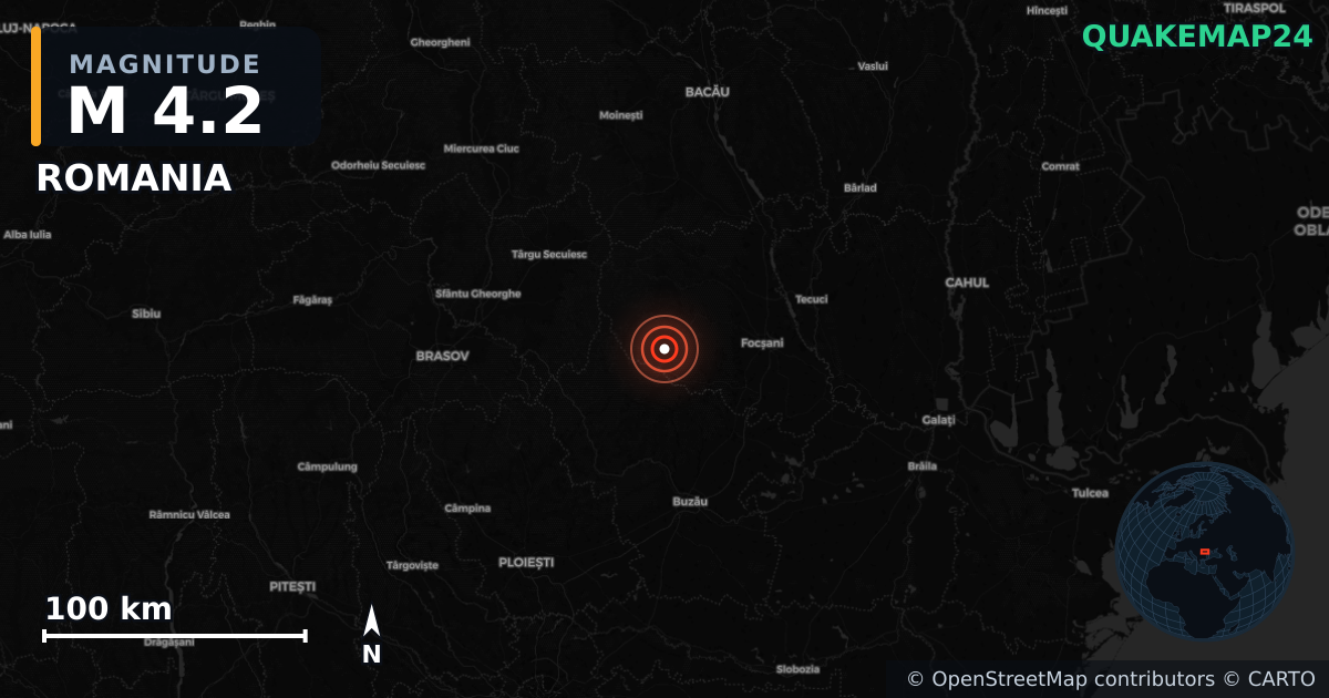 M4.2 earthquake near ROMANIA on Oct 25, 2025 — map of epicenter and shaking intensity | QuakeMap24