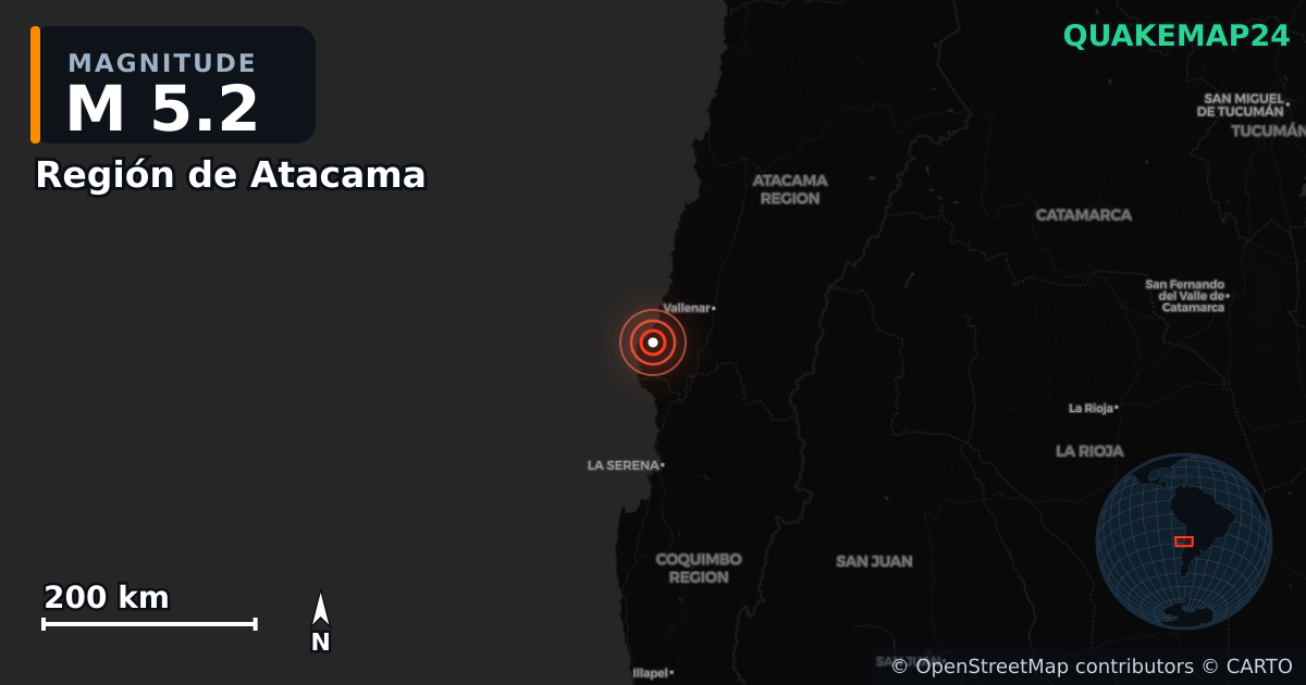 M5.2 earthquake near Región de Atacama on Dec 10, 2025 — map of epicenter and shaking intensity | QuakeMap24