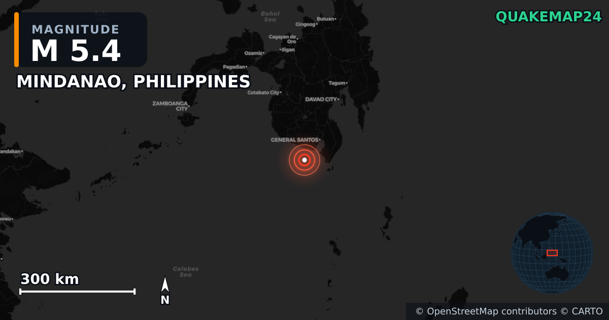 Σεισμός M5,4 κοντά στο MINDANAO, PHILIPPINES — Χάρτης της θέσης του επικέντρου