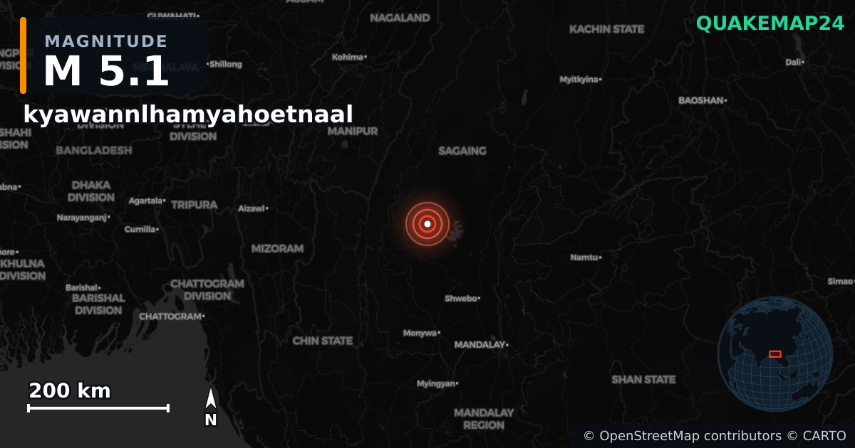 M5.1 earthquake near kyawannlhamyahoetnaal on Feb 6, 2026 — map of epicenter and shaking intensity | QuakeMap24