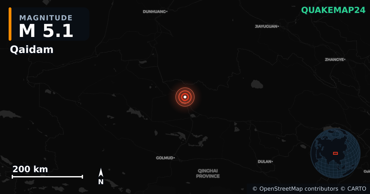 M5.1 earthquake near Qaidam on Jun 23, 2026 — map of epicenter and shaking intensity | QuakeMap24