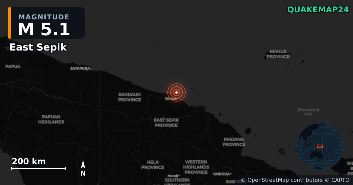 M5.1 earthquake near East Sepik on May 3, 2025 — map of epicenter and shaking intensity | QuakeMap24