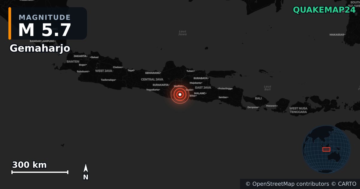M5.7 Earthquake near Gemaharjo, Jawa Timur (Indonesia) · 2026-01-27 — Map showing the location of the epicenter